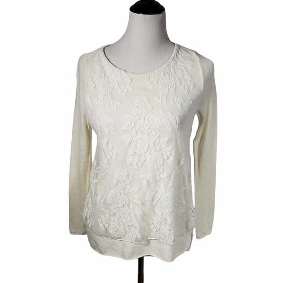 ZaraKnit size Small Cream Knit with White Lace Trim Knit Sweater - Picture 1 of 7